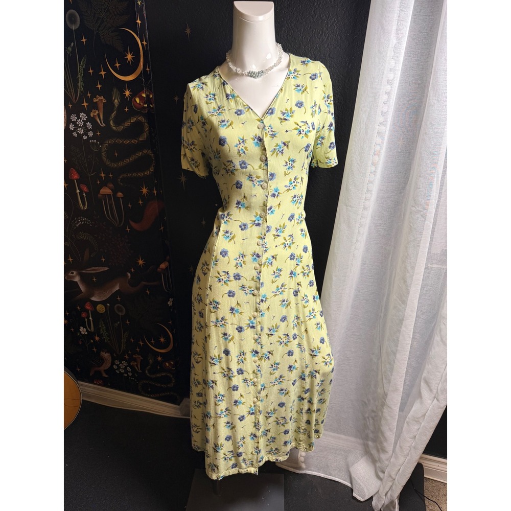 Style & Co Vintage Floral Button Down Midi Dress Yellow Blue Rayon Size 10